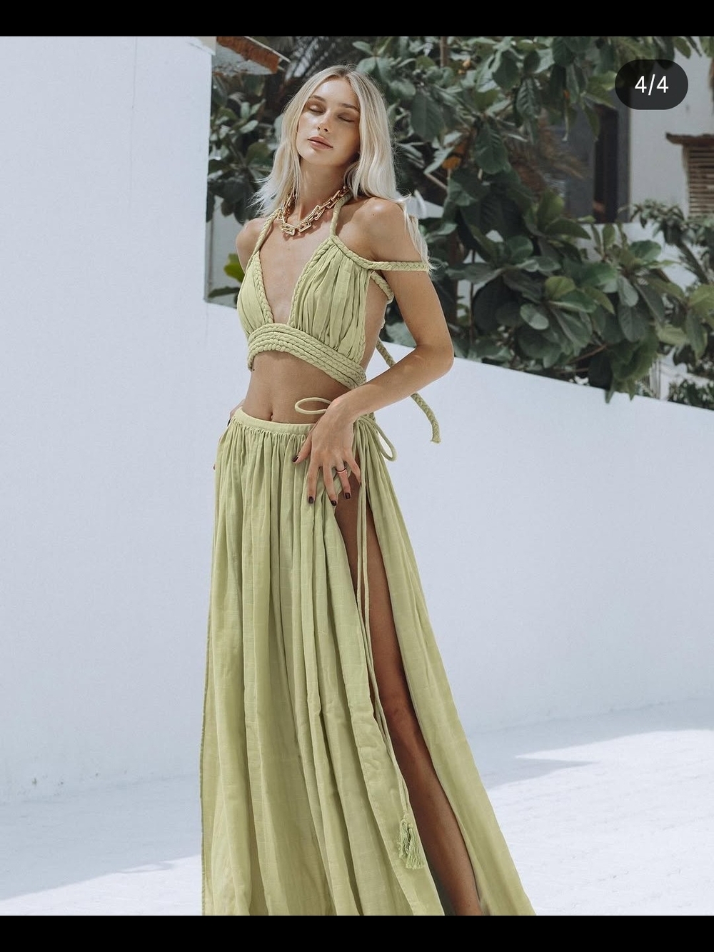 Chic Le Frique Fionza Goddess Sage Green Maxi Skirt Set with High Slit M/L